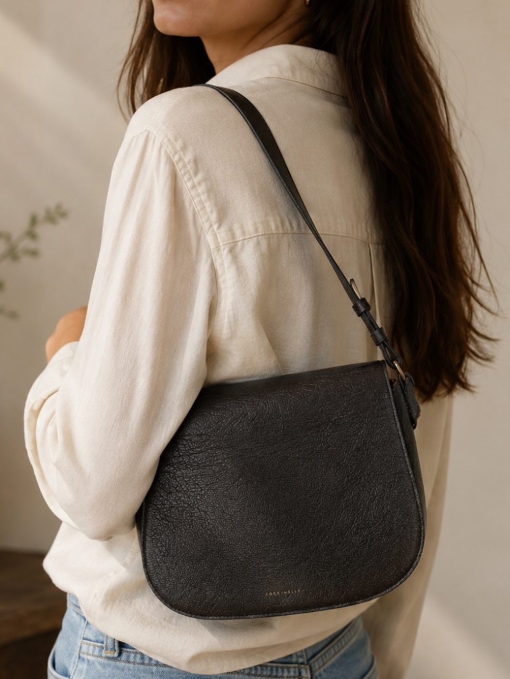 Coccinelle Black Leather Crossbody Saddle Bag Minimalist Italian Purse